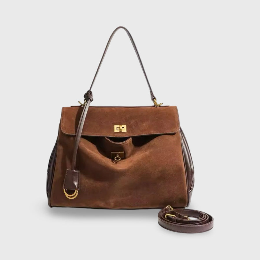 Sac à main à poignée supérieure en cuir véritable Ciara – Sac porté épaule en daim marron avec bandoulière