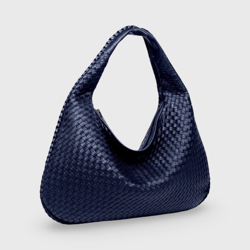 Woven Oversized Hobo Bag – Navy Blue Leather Shoulder Bag