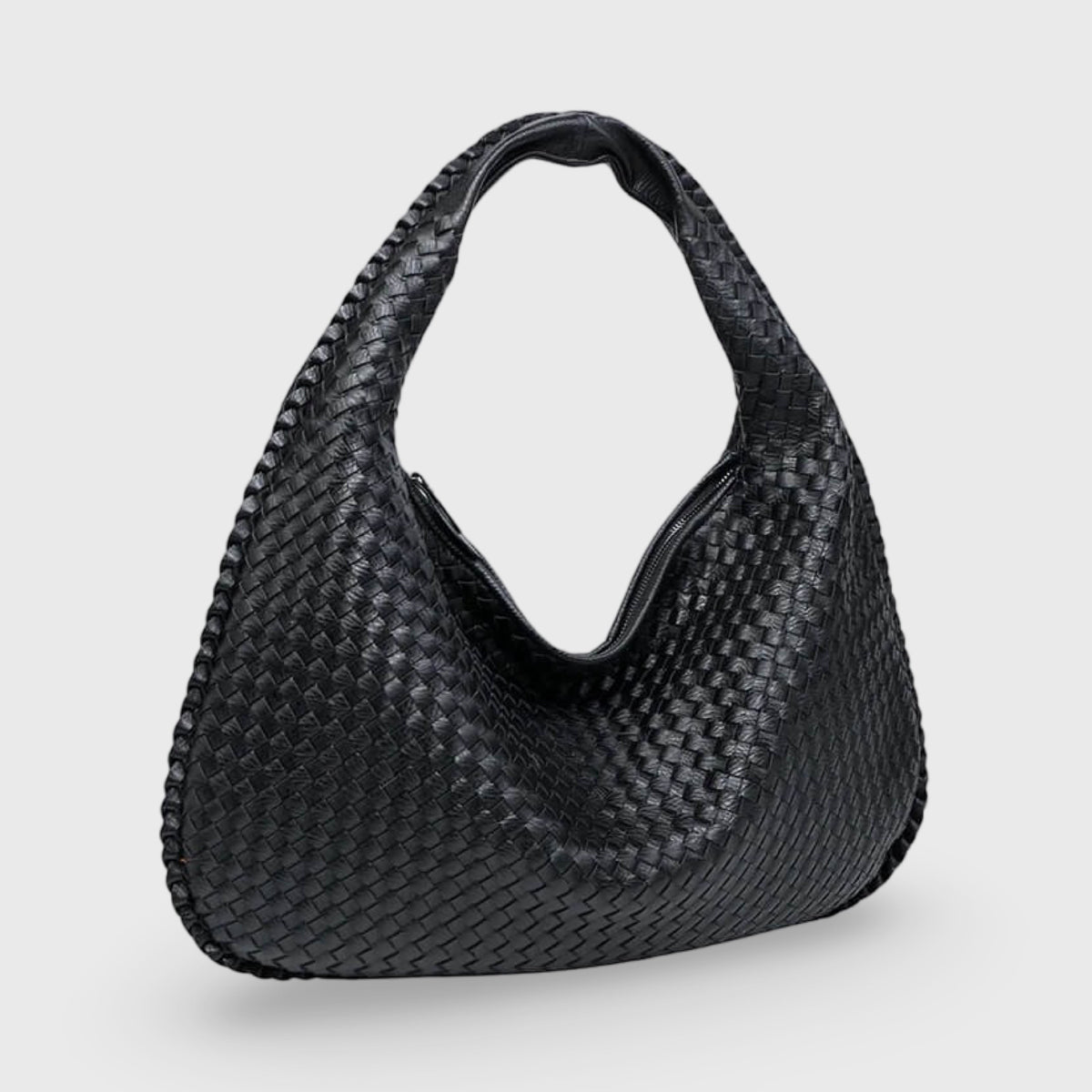 Woven Oversized Hobo Bag – Black Leather Shoulder Bag