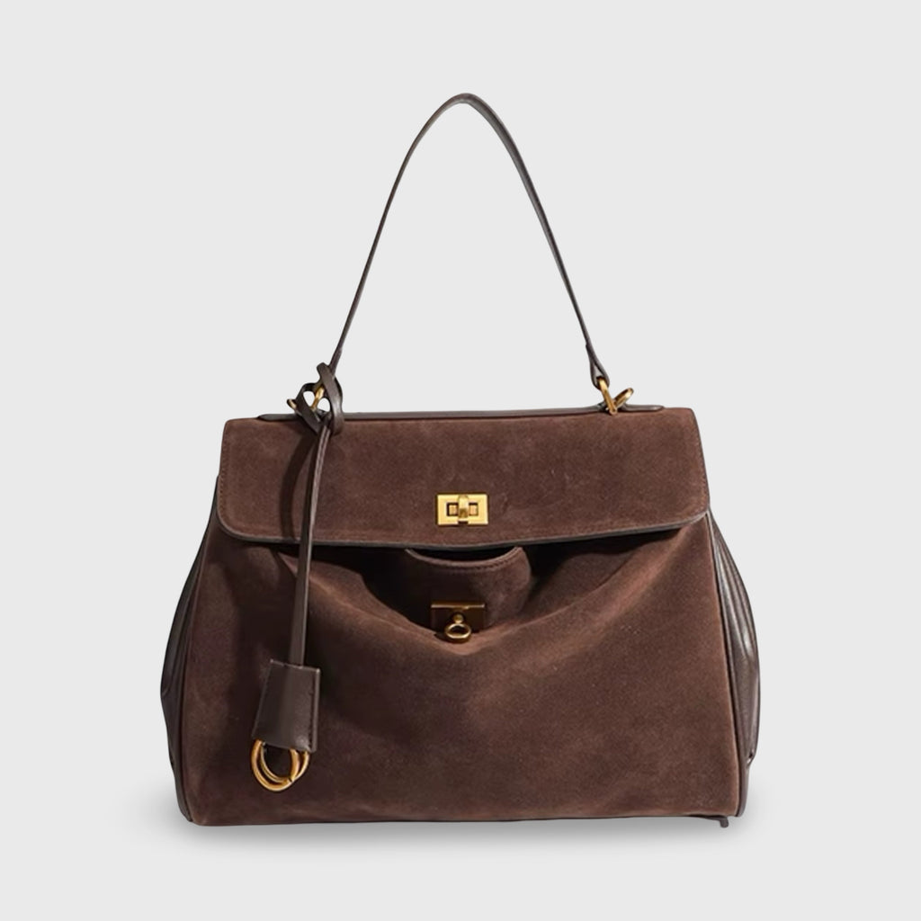 Sac à main à anse supérieure en cuir véritable Ciara – Sac porté épaule en daim marron foncé