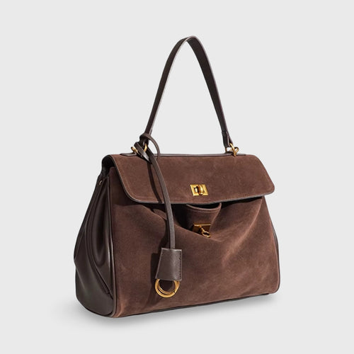 Ciara Genuine Leather Top Handle Bag – Dark Brown Suede Shoulder Bag
