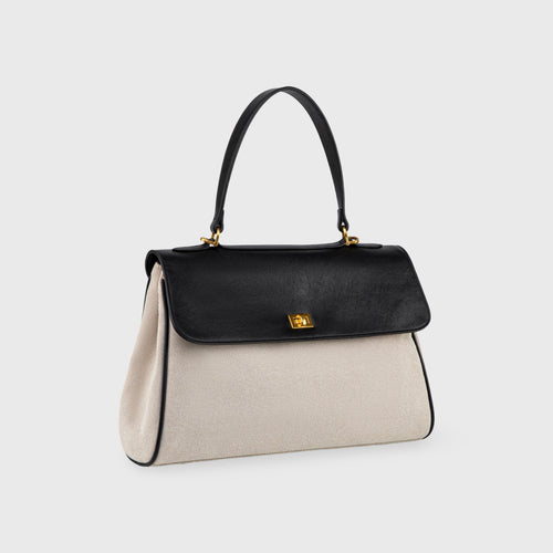 Ciara Essential Top Handle Bag – Beige Canvas & Black Leather Handbag