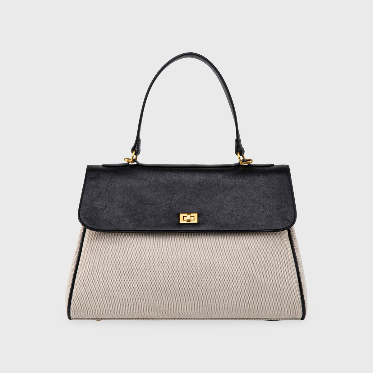 Ciara Essential Top Handle Bag – Beige Canvas & Black Leather Handbag
