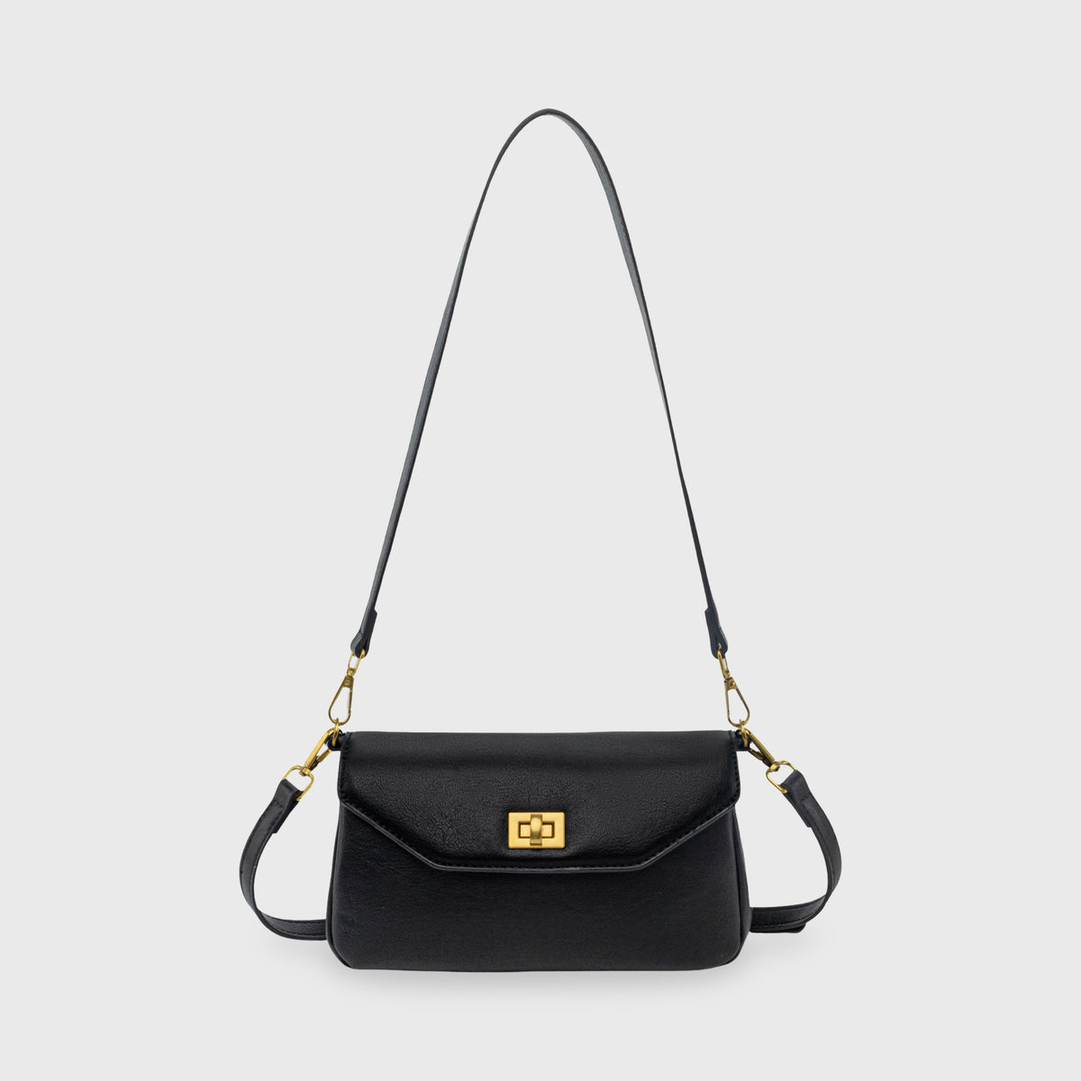 Ciara Mini Shoulder Bag – Black Leather Flap Bag with Strap