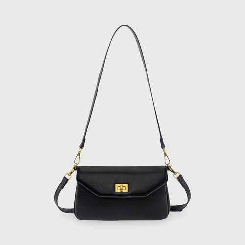 Ciara Mini Shoulder Bag – Black Leather Flap Bag with Strap