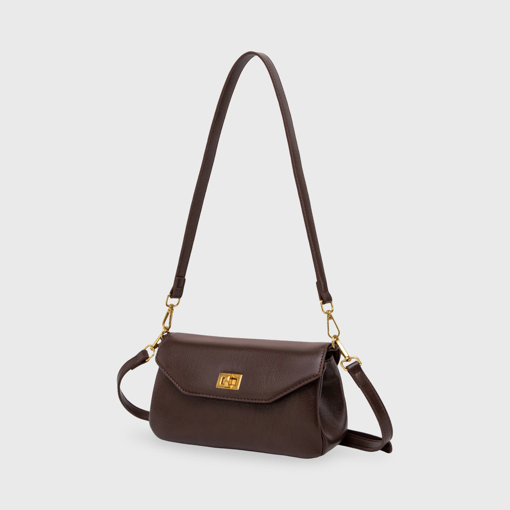 Petit sac porté épaule Ciara – Sac à rabat en cuir marron foncé avec bandoulière