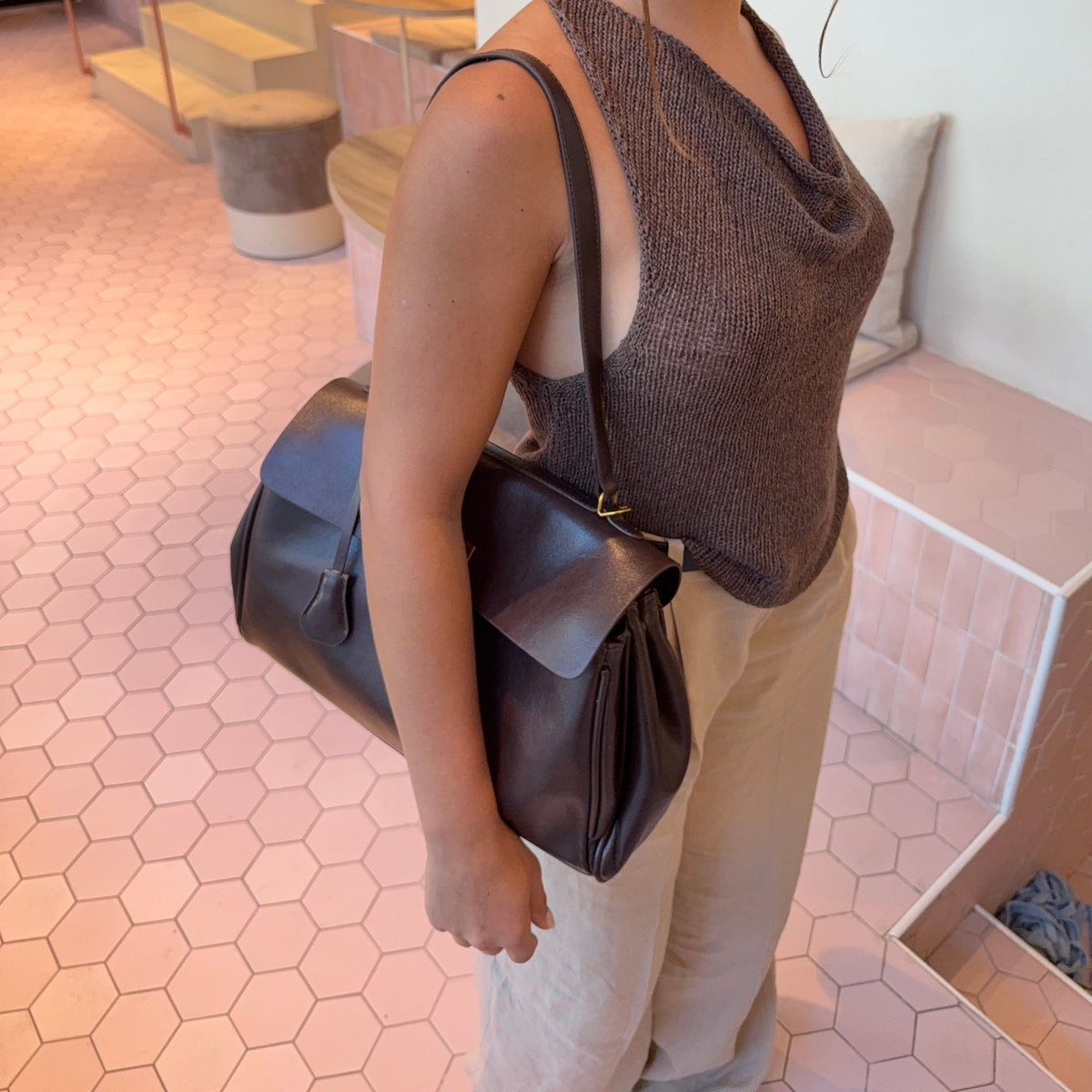 Sac porté épaule vintage Ciara – Sac à main en cuir marron foncé