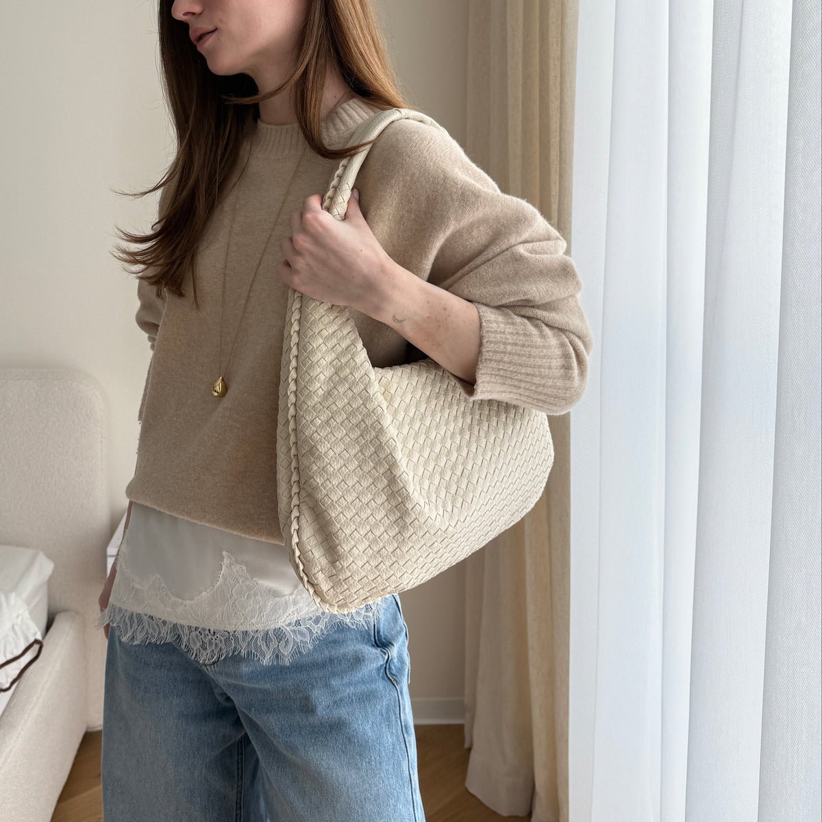 Woven Oversized Hobo Bag – Beige Leather Shoulder Bag