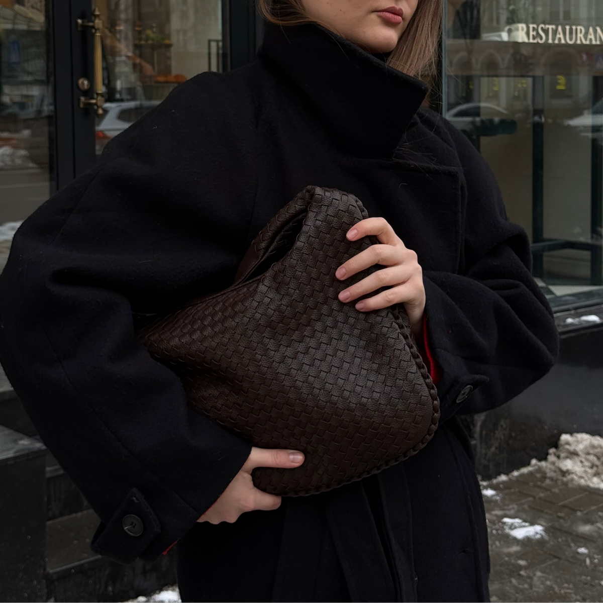 Woven Oversized Hobo Bag – Dark Brown Leather Shoulder Bag