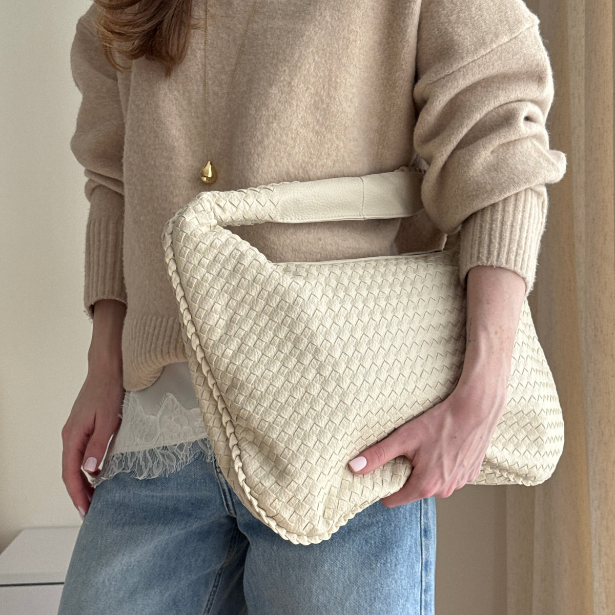 Woven Oversized Hobo Bag – Beige Leather Shoulder Bag
