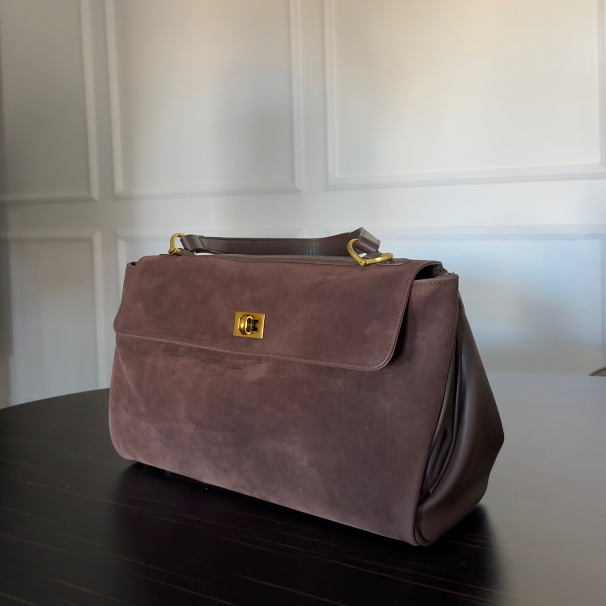 Ciara Genuine Leather Top Handle Bag – Dark Brown Suede Shoulder Bag