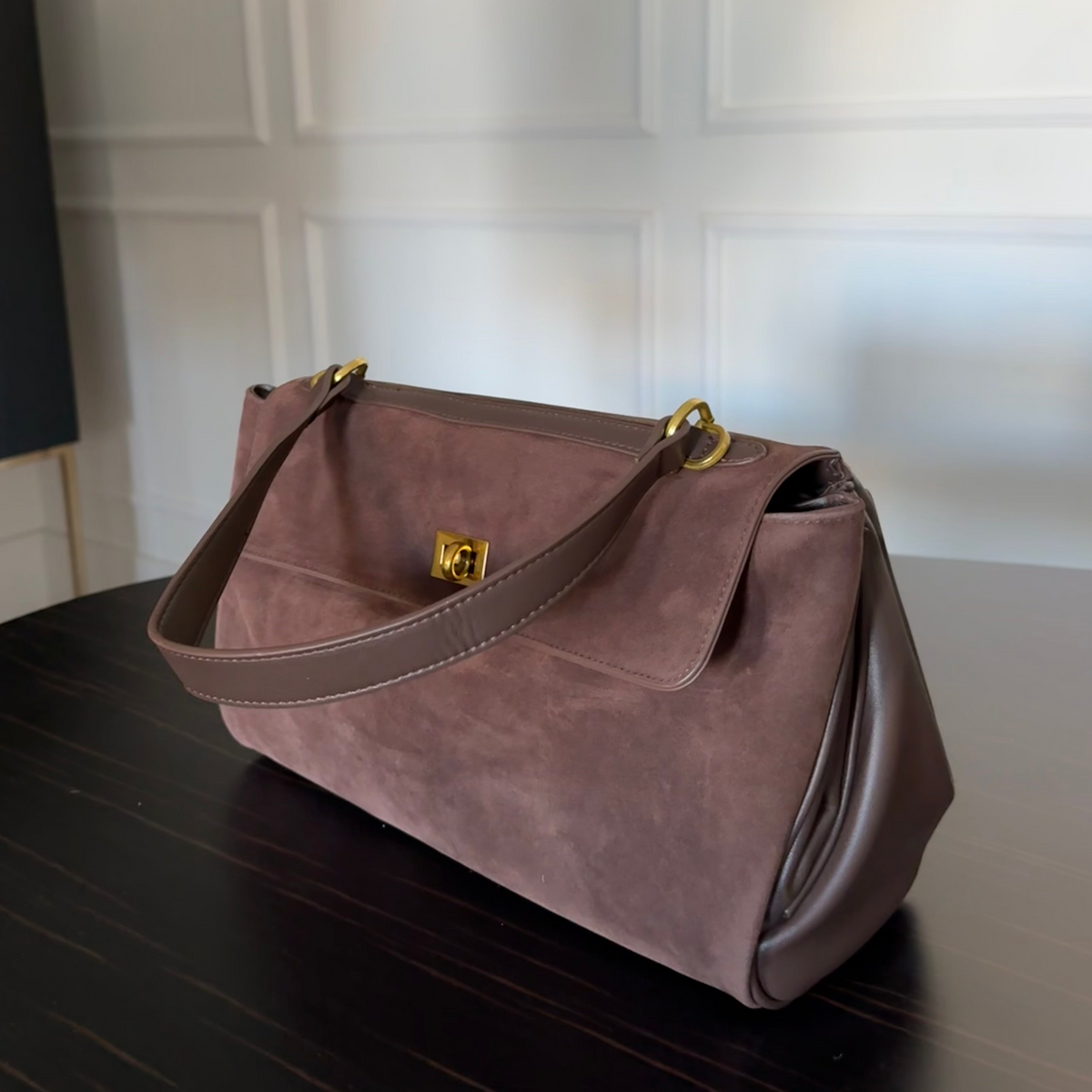 Ciara Genuine Leather Top Handle Bag – Dark Brown Suede Shoulder Bag