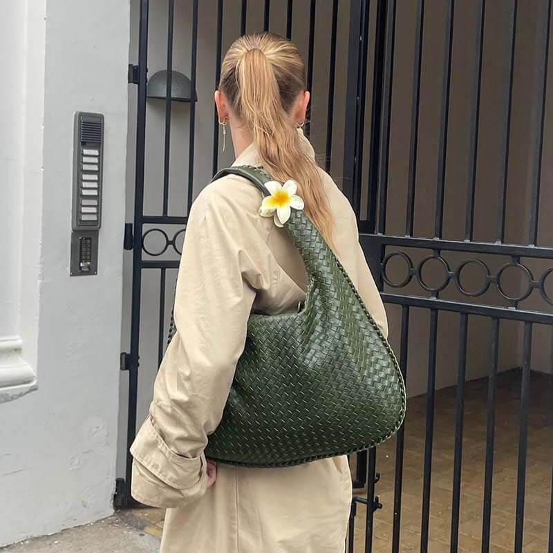 Woven Oversized Hobo Bag – Olive Green Leather Shoulder Bag