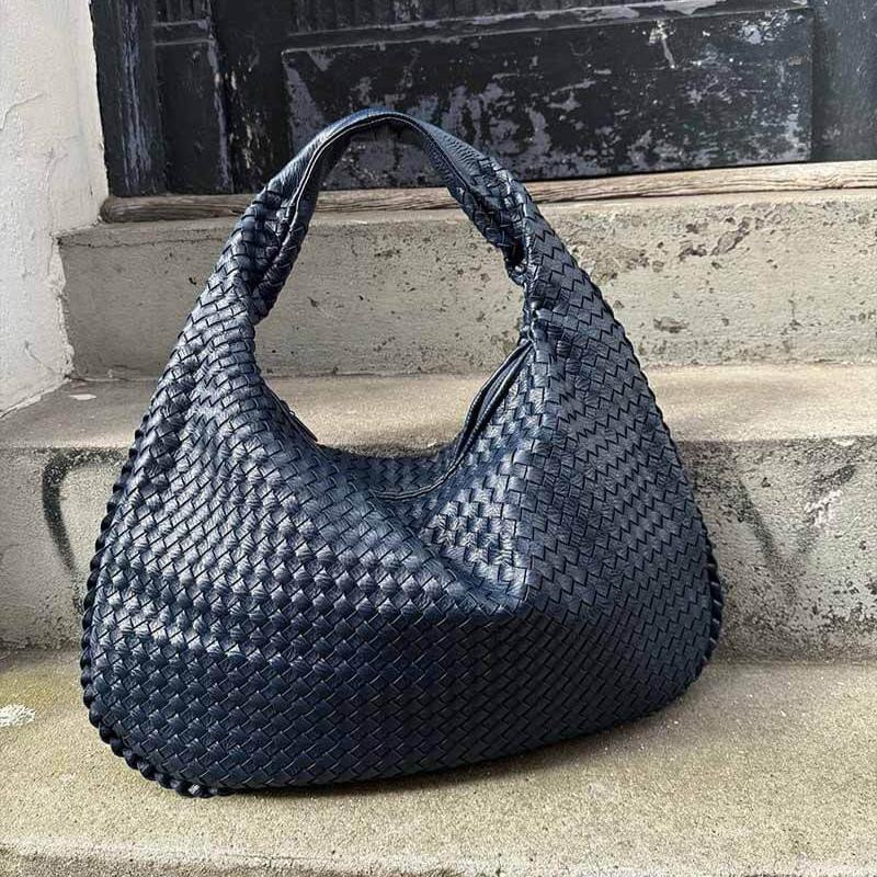 Woven Oversized Hobo Bag – Navy Blue Leather Shoulder Bag