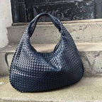 Woven Oversized Hobo Bag – Navy Blue Leather Shoulder Bag