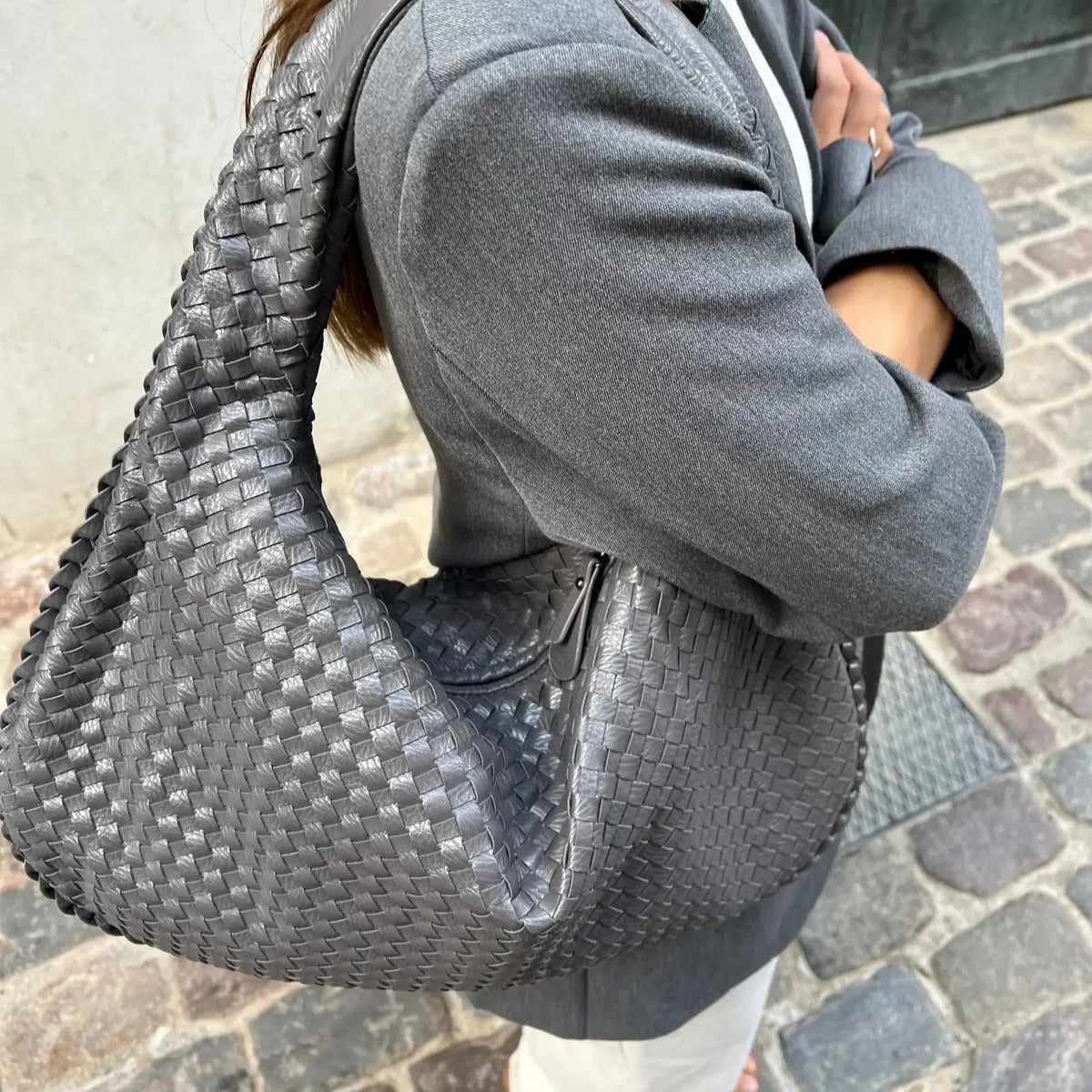 Woven Oversized Hobo Bag – Gray Leather Shoulder Bag