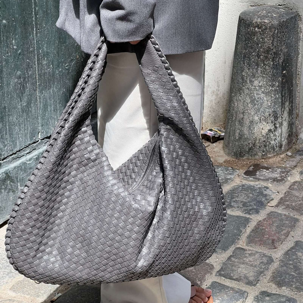 Sac hobo oversize tressé – Sac porté épaule en cuir gris