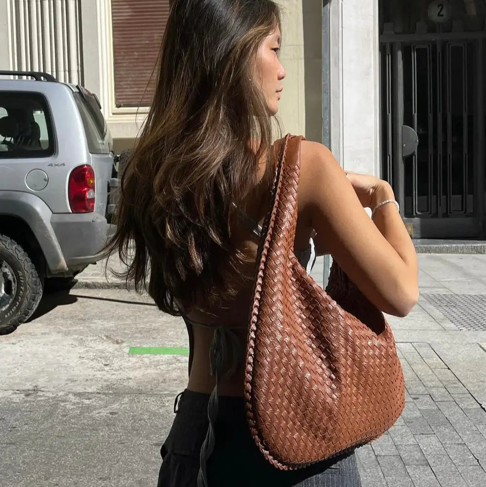 Sac hobo tressé oversize – Sac porté épaule en cuir marron