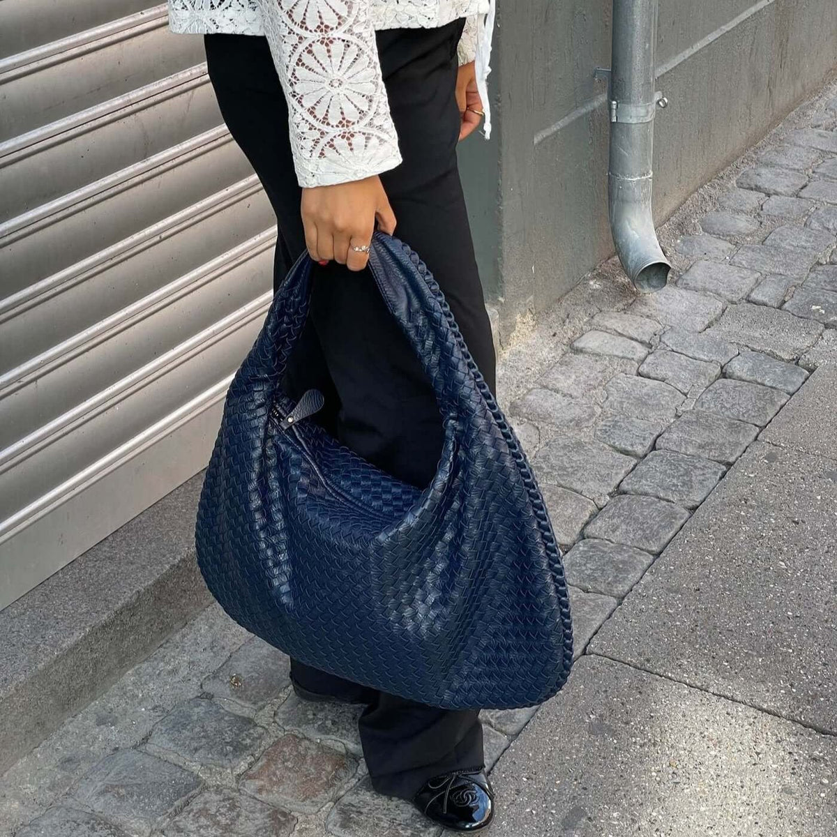 Woven Oversized Hobo Bag – Navy Blue Leather Shoulder Bag