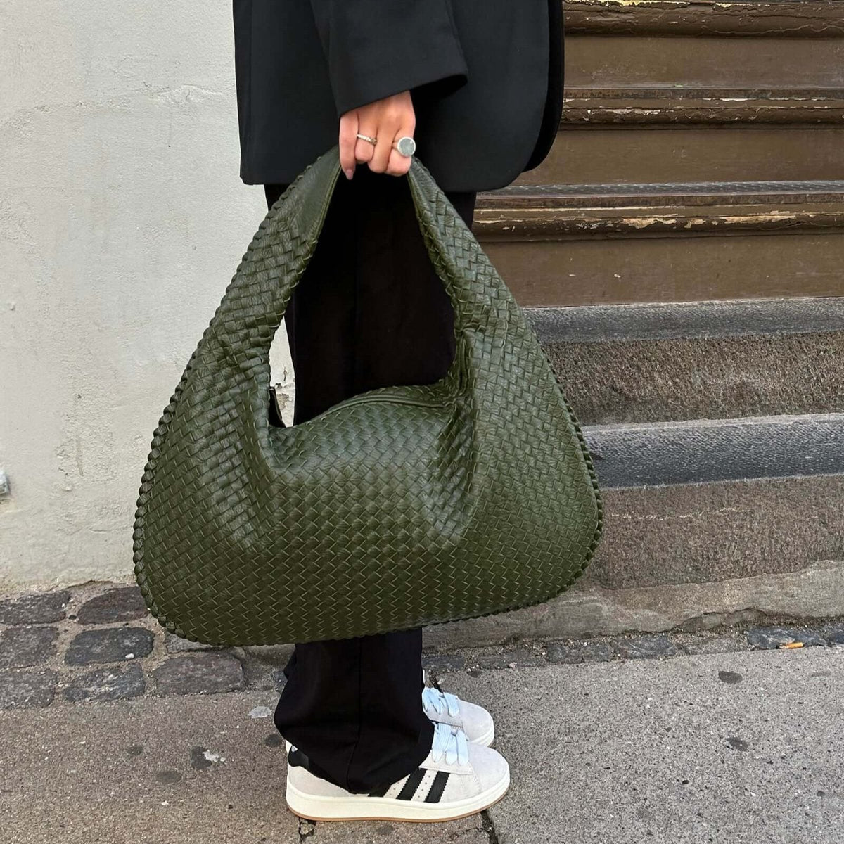 Woven Oversized Hobo Bag – Olive Green Leather Shoulder Bag
