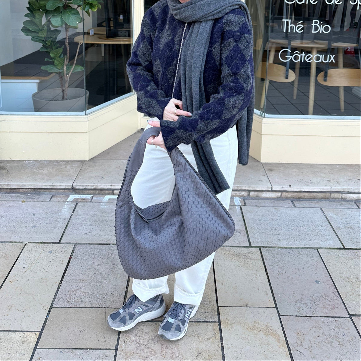 Woven Oversized Hobo Bag – Gray Leather Shoulder Bag