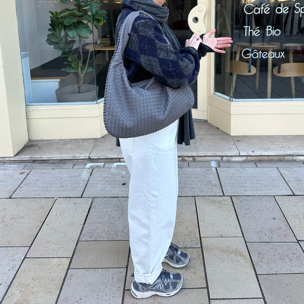 Sac hobo oversize tressé – Sac porté épaule en cuir gris